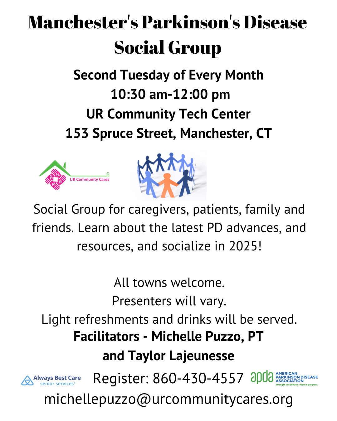 Parkinson's Social Group flyer. Meets 2nd Tues., of every month from 10:30am-12pm