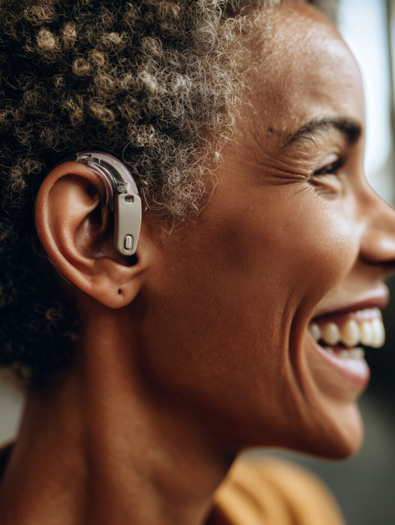 Close up of a woman with a hearing aid