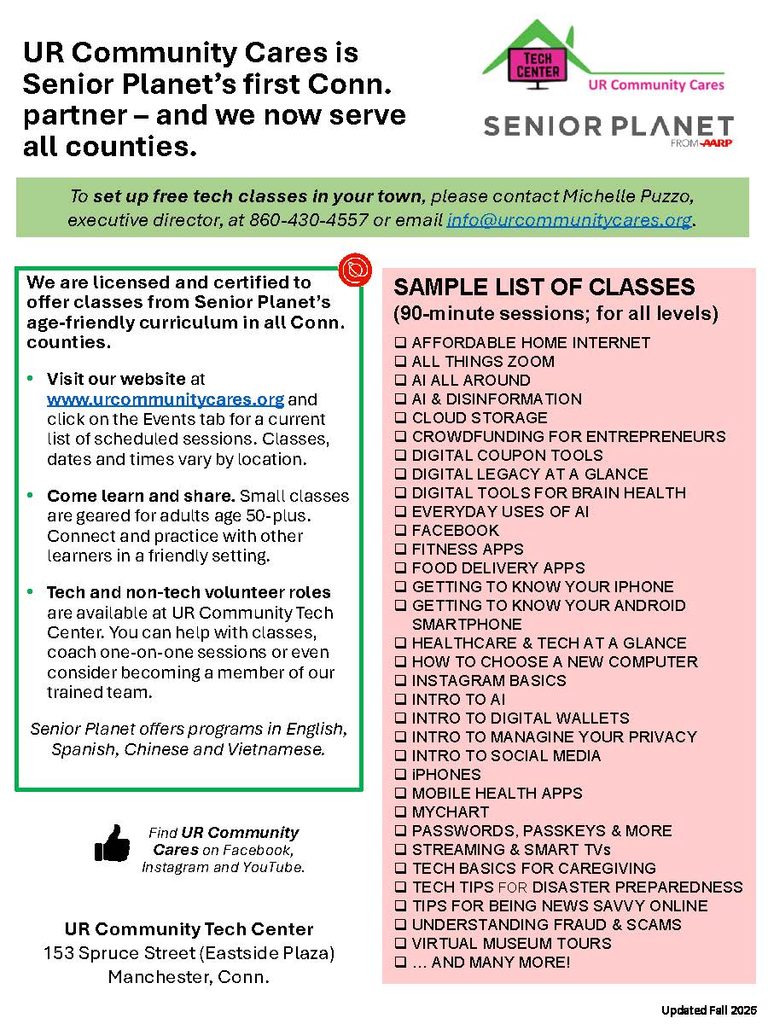 UR Community Tech Center is a licensed partner of Senior Planet and they have 100 different classes to offer Connecticut.